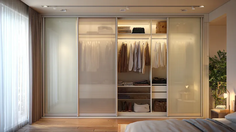 Sliding wardrobe design with overlapping panel layout