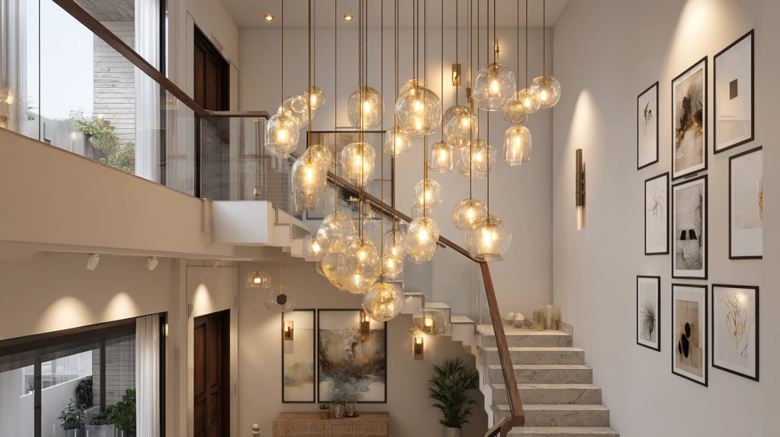 Large, low-hanging pendant lights in a high stair void