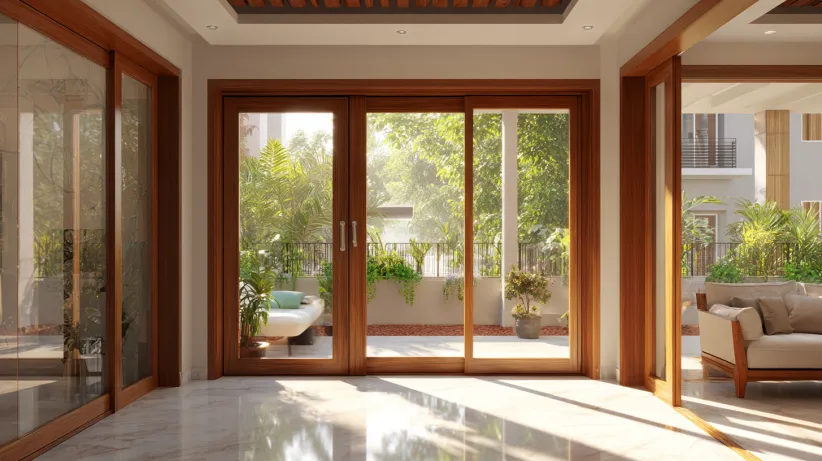 Oversized wooden sliding door with large glass panels