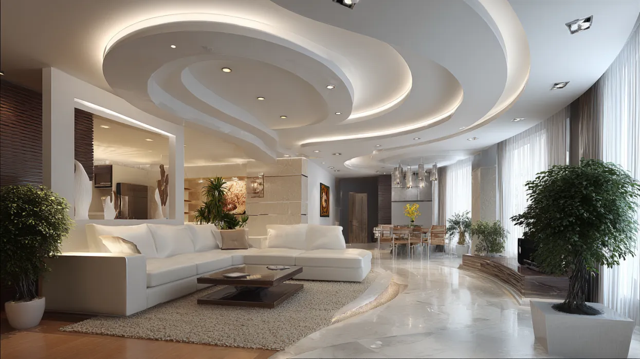 stylish pop ceiling design hall with oval and circle patterns
