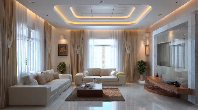 modern pop ceiling design with lights and wood accents 2025
