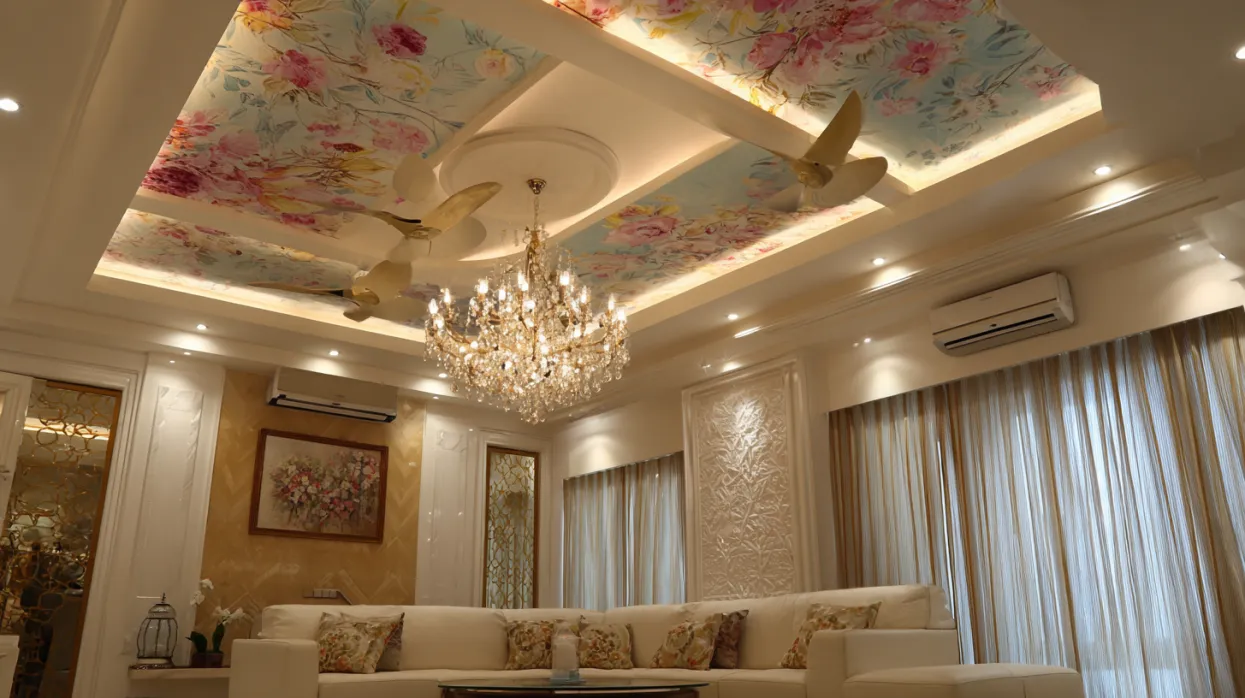 modern pop ceiling design with two fans and chandelier