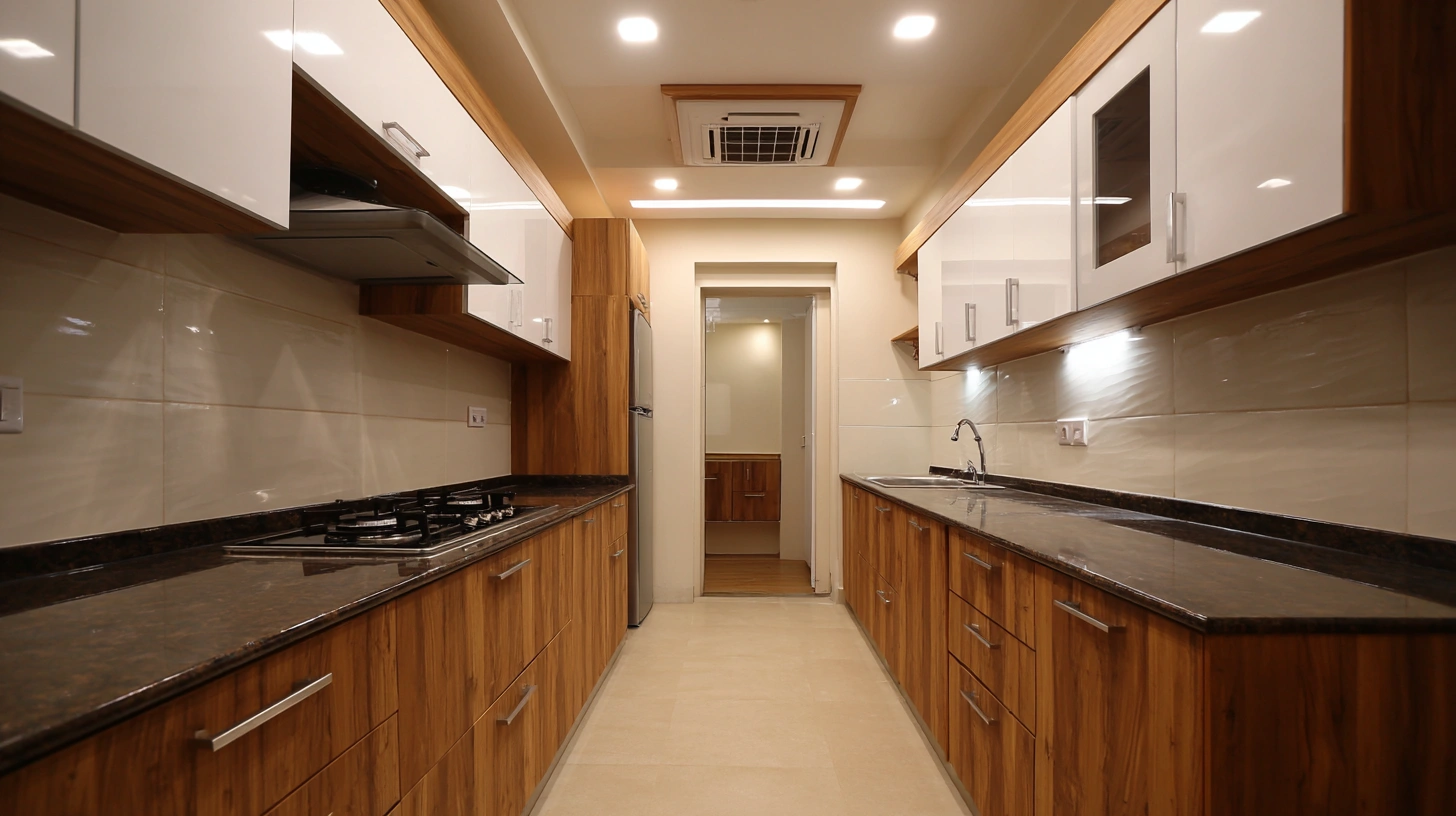 Modern modular kitchen incorporating custom plaster exhaust chimney cutouts