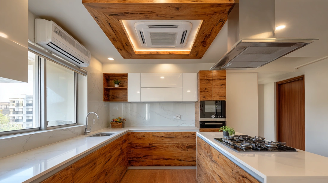 Contemporary kitchen combining wood accents with white plaster