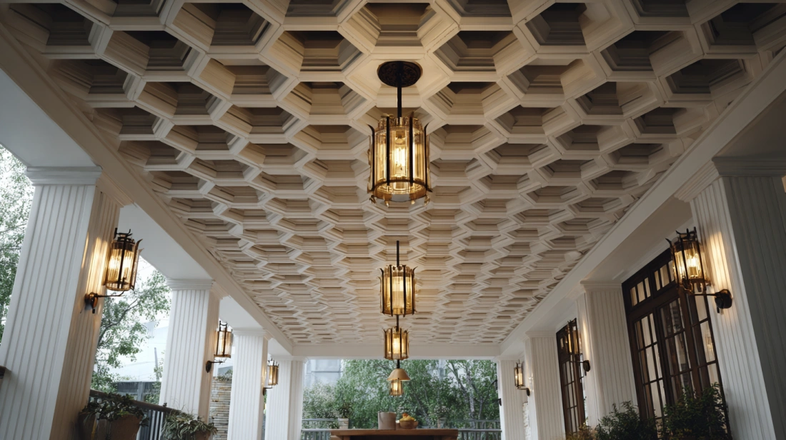 Modern POP ceiling integrated with elegant dark wood panels