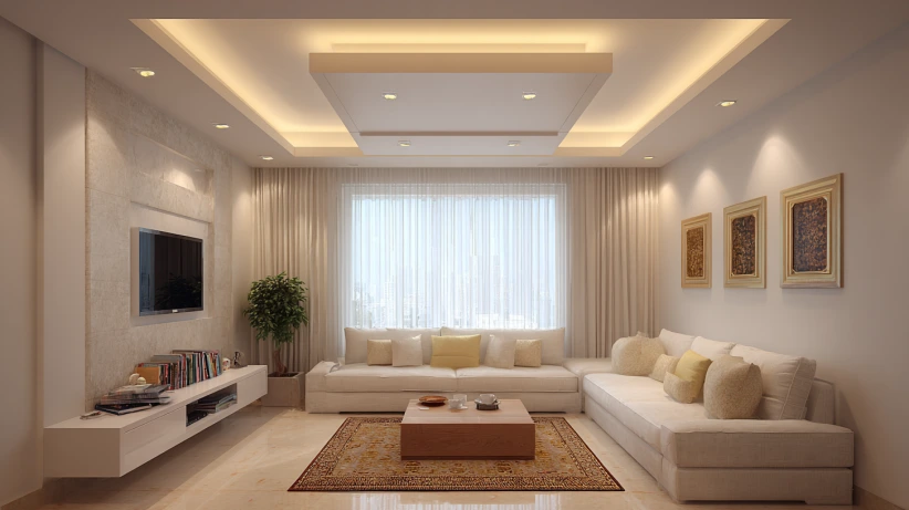 Deep tray ceiling with spotlight corners