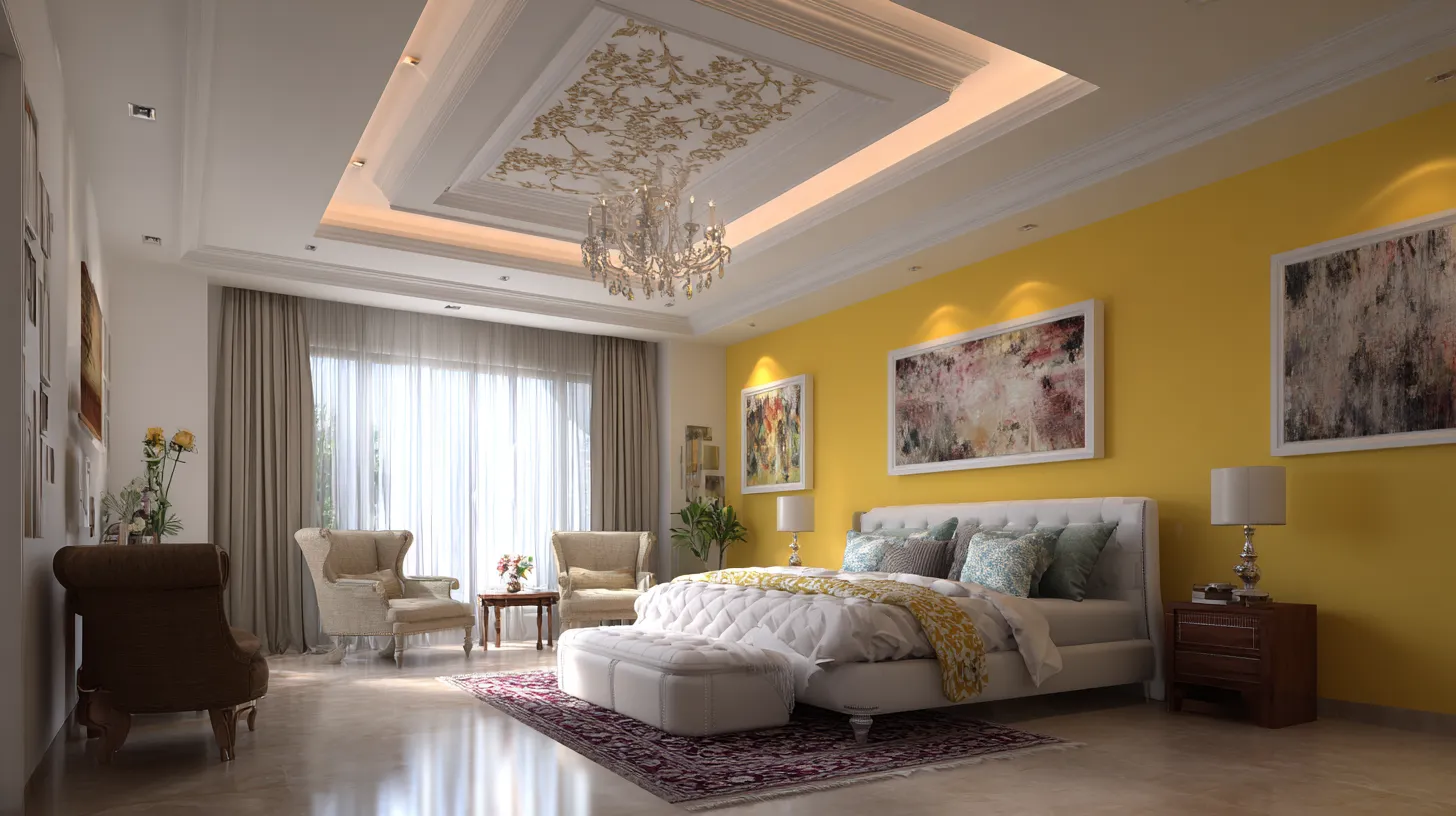 elegant bedroom with pop false ceiling design and chandelier