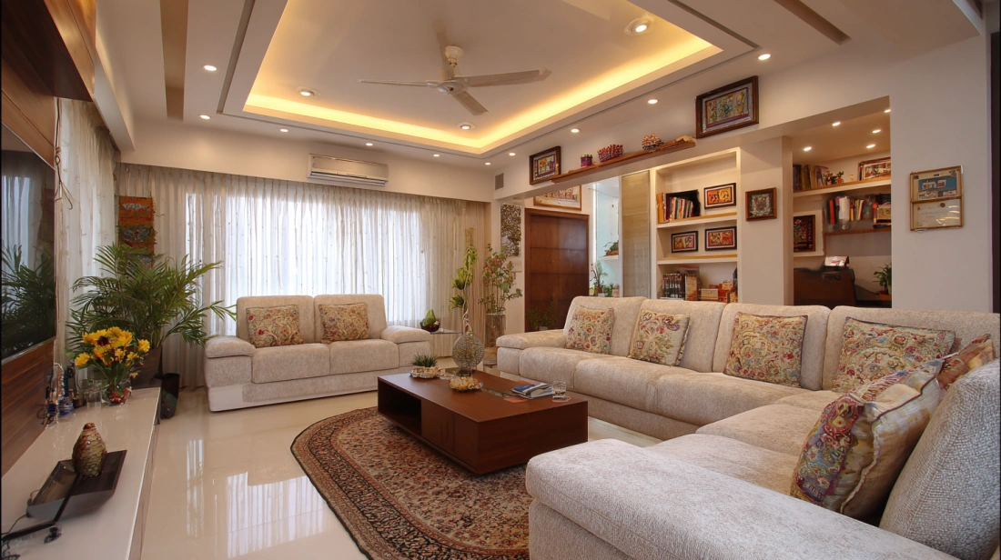 Bright Indian living room with a multi layered ceiling