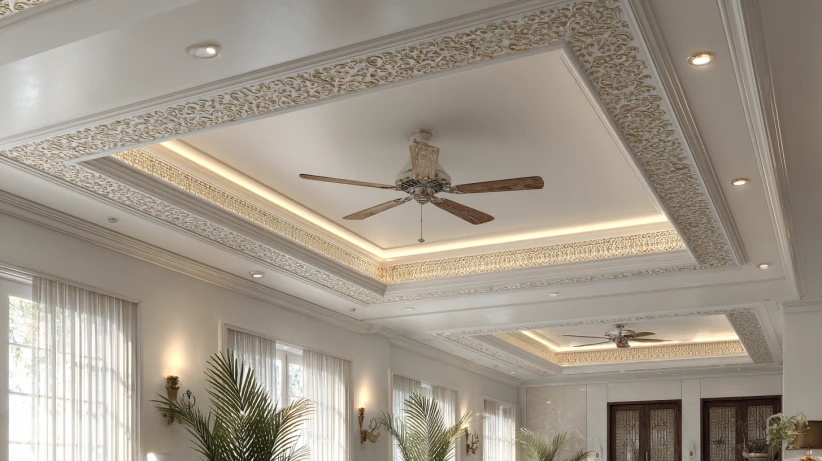 pop moulding cornice detail in an elegant two fan ceiling design