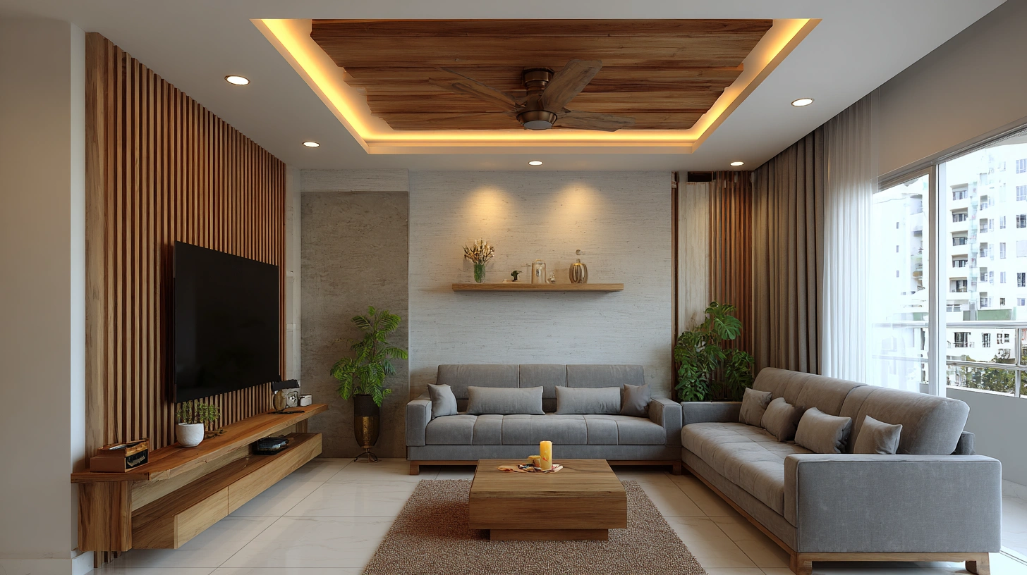 Living hall mixing wooden rafters with plasterboards beautifully