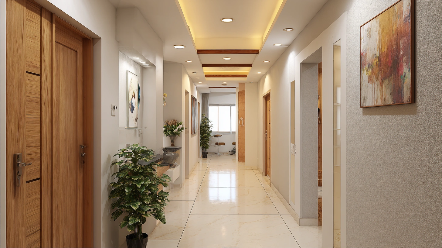 Elegant narrow hallway featuring long linear integrated profile lighting