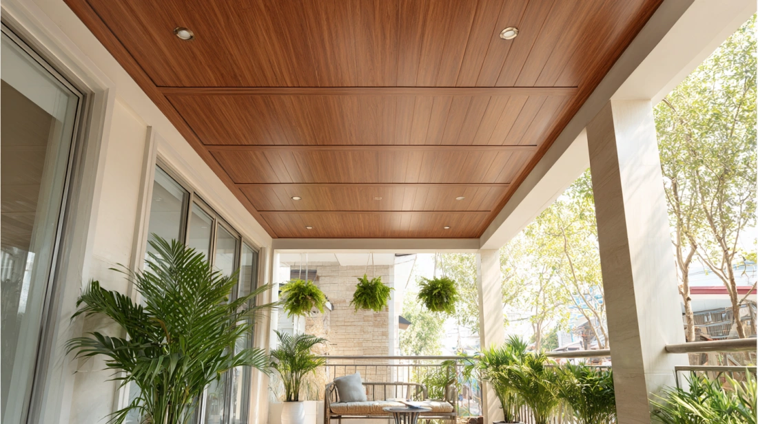 Waterproof PVC ceiling installed in humid balcony space