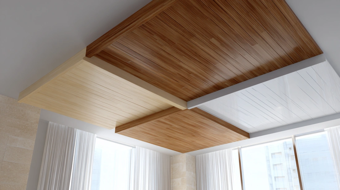 PVC ceiling panels in teak pine and white finishes