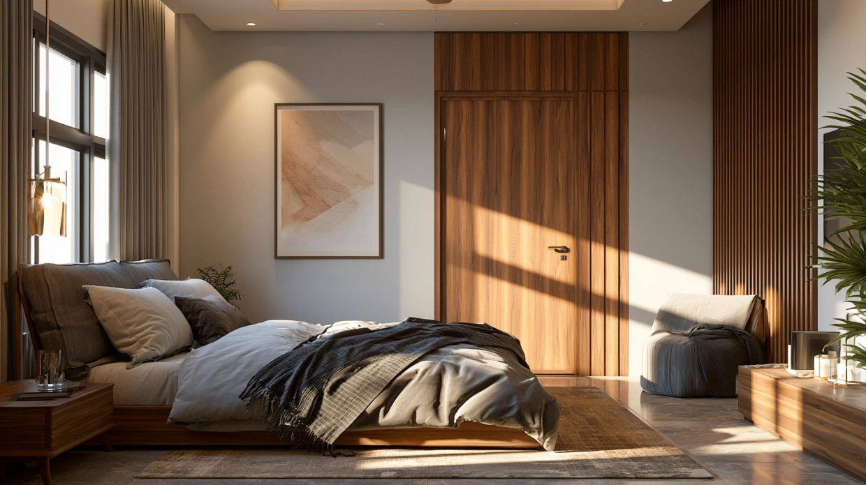 PVC bedroom door with wood-look finish