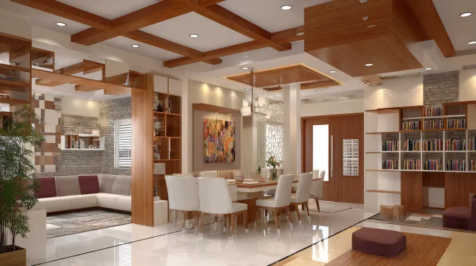 Spacious dining area featuring a wooden PVC false ceiling design