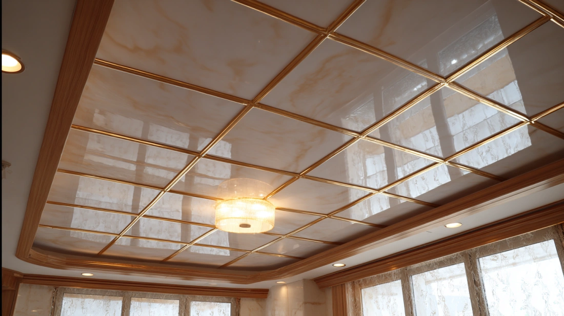 Layered white PVC ceiling panels with bright spotlights