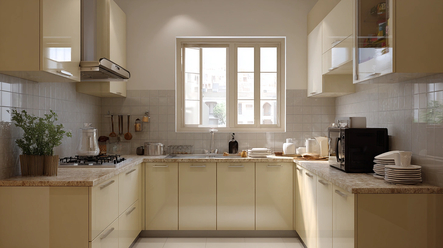 Patterned cabinet shutters in eclectic Indian kitchen