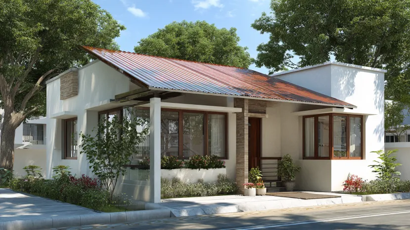 Reddish PVC sheet design for roof on a slanted structure.