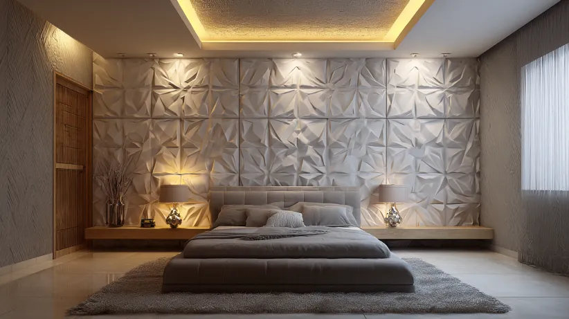 3D geometric PVC wall panel design for the bedroom