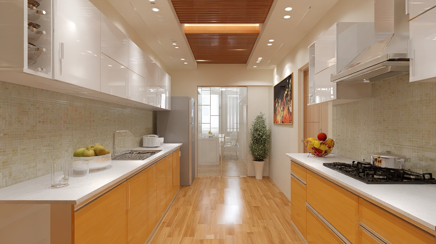 PVC false ceiling panels in small Indian modular kitchen