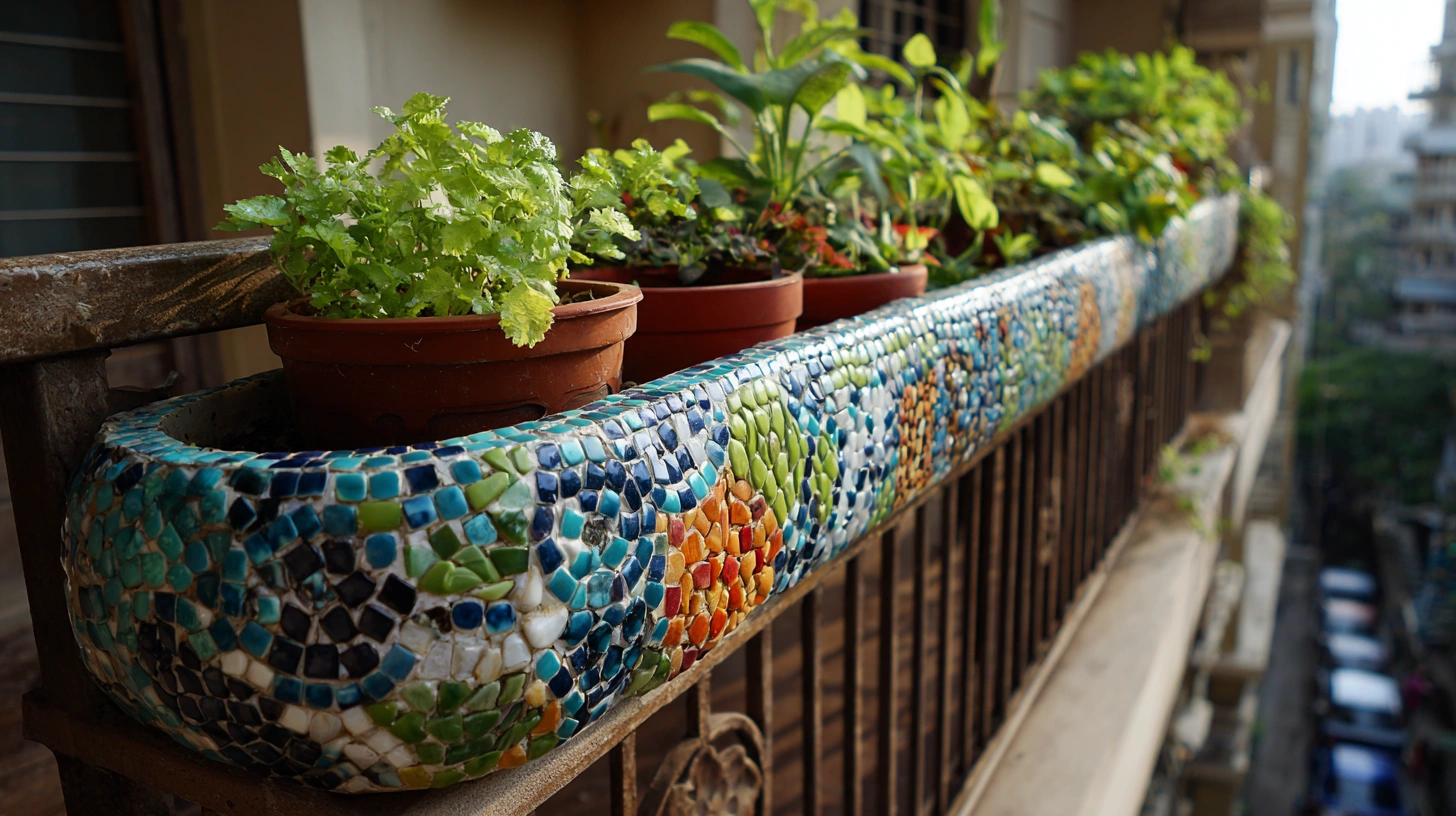 Mosaic tile covered PVC pipe planter in balcony
