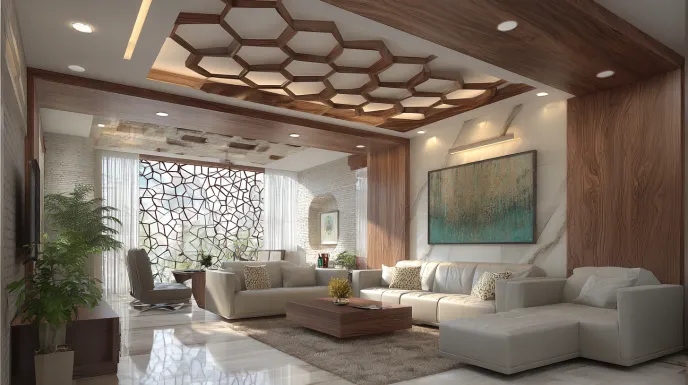 Stylish honeycomb patterned PVC false ceiling design in a lounge