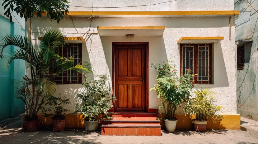 Small white house elevation with yellow trim and wooden door
