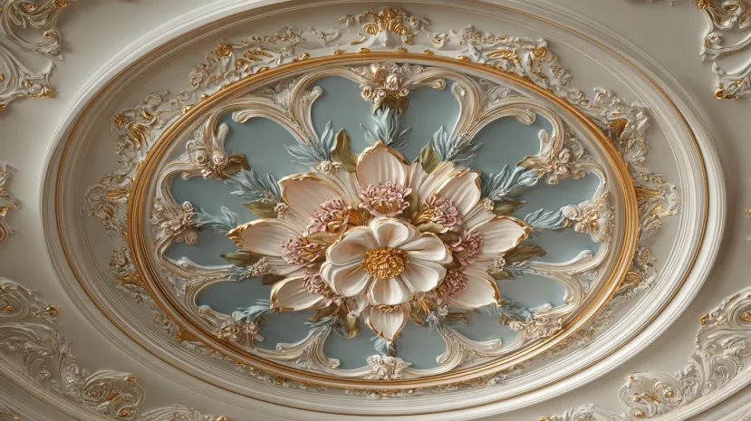 Ornate painted ceiling POP flower design with gold accents