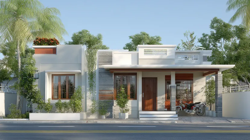 Painted concrete low-cost normal house front elevation design
