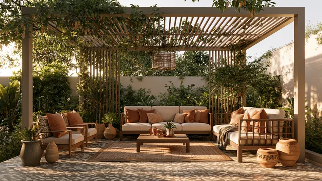 Painted concrete flooring under a pergola
