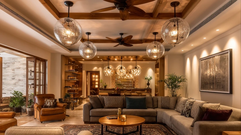 statement lights paired with fans in a modern two fan ceiling design