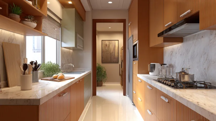 parallel kitchen entrance design with modern layout