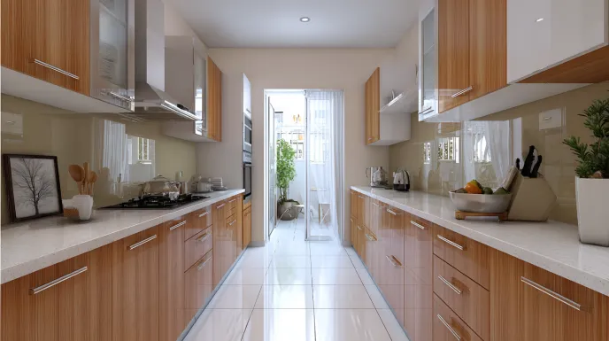 parallel modular kitchen design with central walkway layout