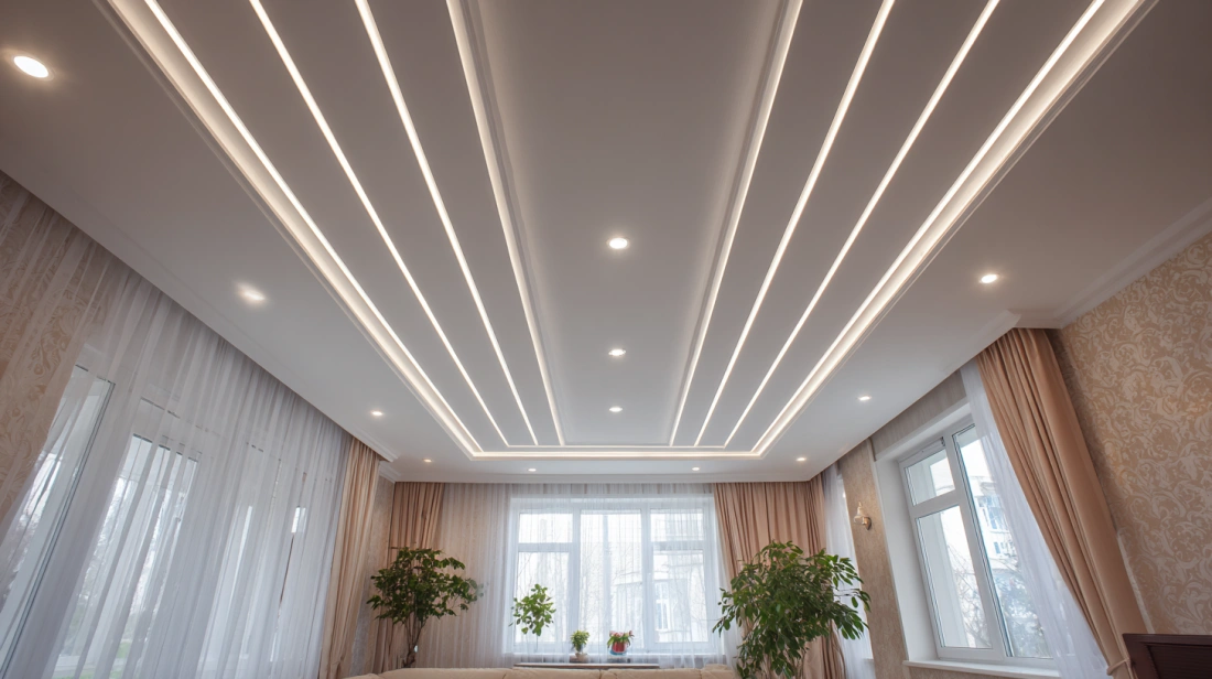 Ceiling with two parallel glowing LED strip light lines