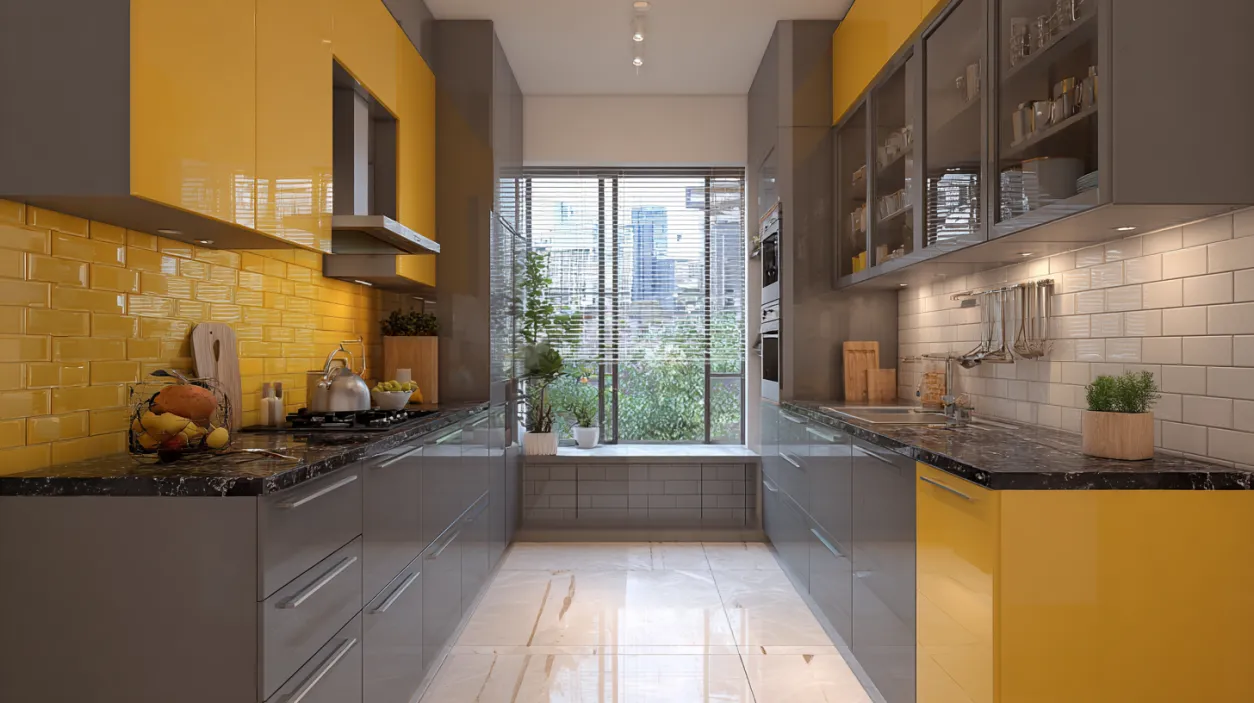 Parallel modular kitchen layout with a galley-style corridor.