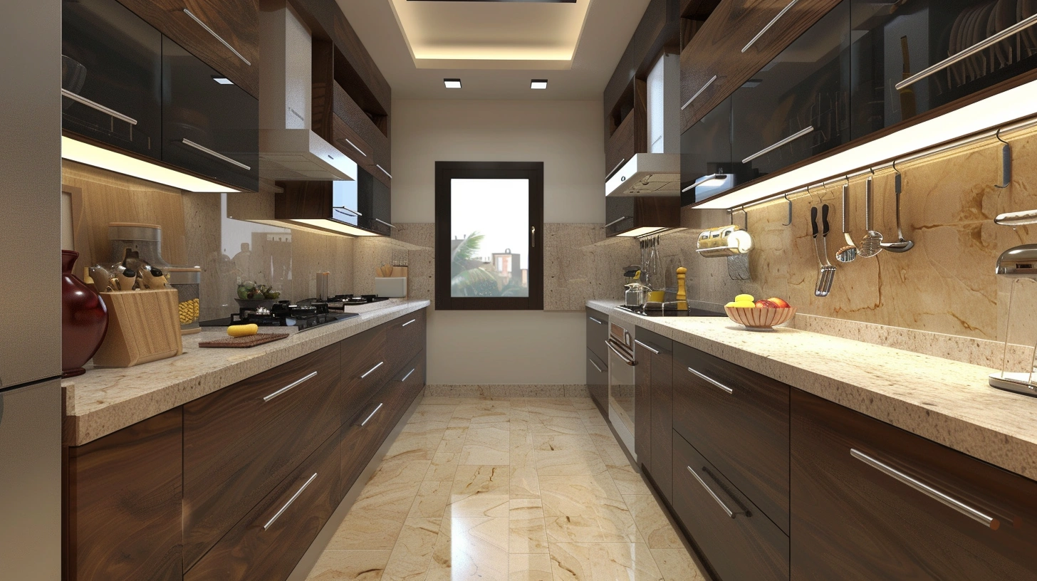Indian parallel kitchen with dual counters and organised layout
