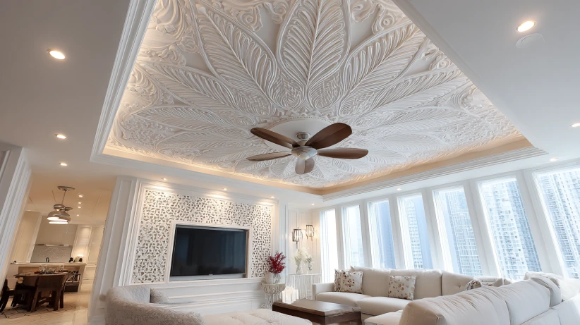 paris plaster finish featured in a stylish two fan ceiling design
