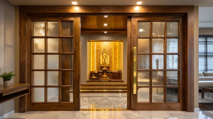 Wooden sliding doors with fluted glass panels for a pooja room