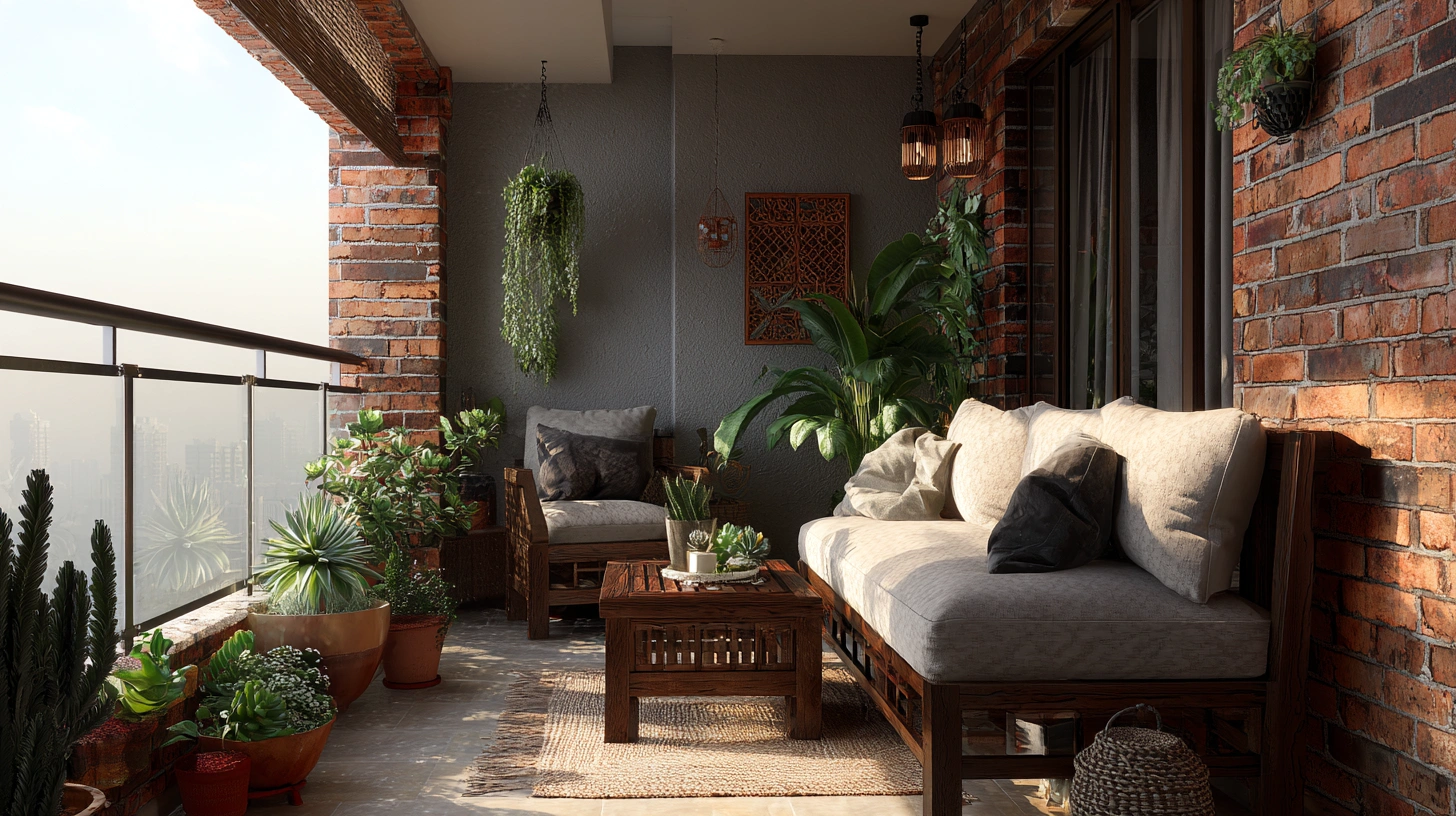 Industrial balcony featuring an exposed red brick wall and black vertical bar grills