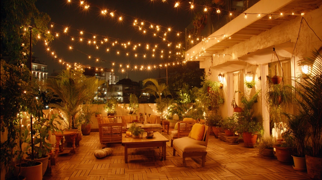 Patio string lights stretched across terrace roof