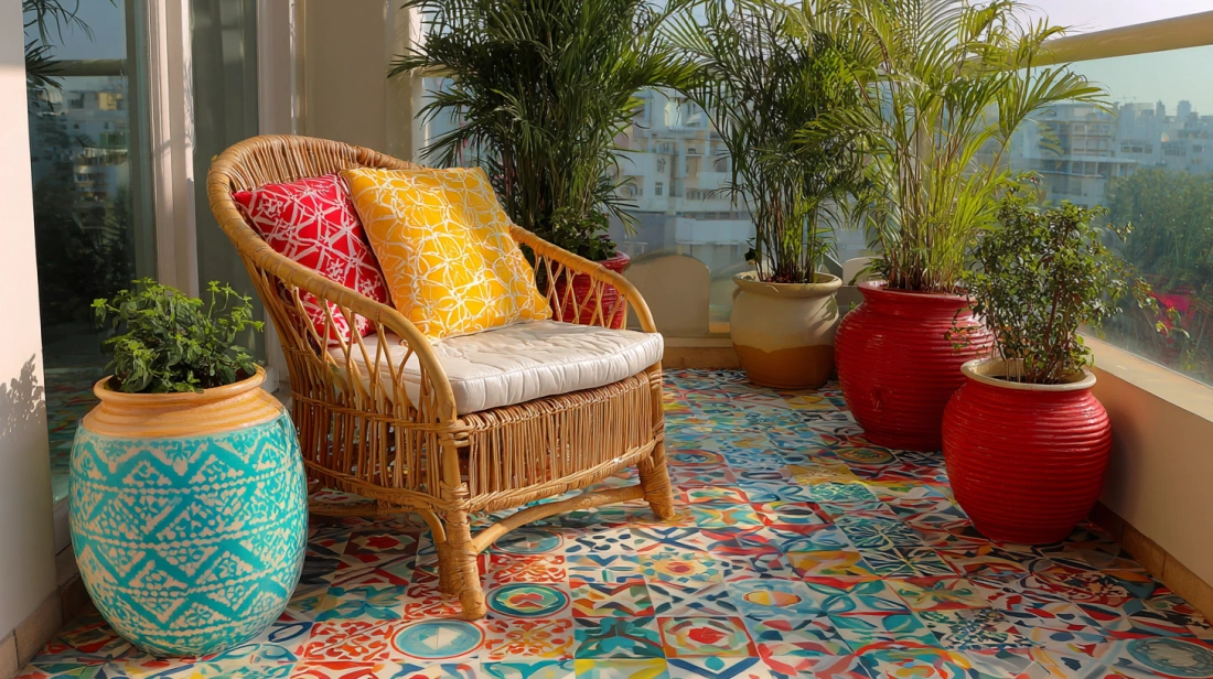 Pattern tile balcony sitout with cane chair