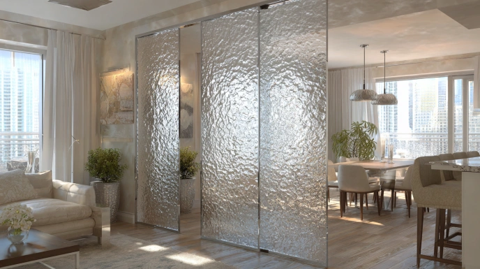 Patterned glass partition with light flow design