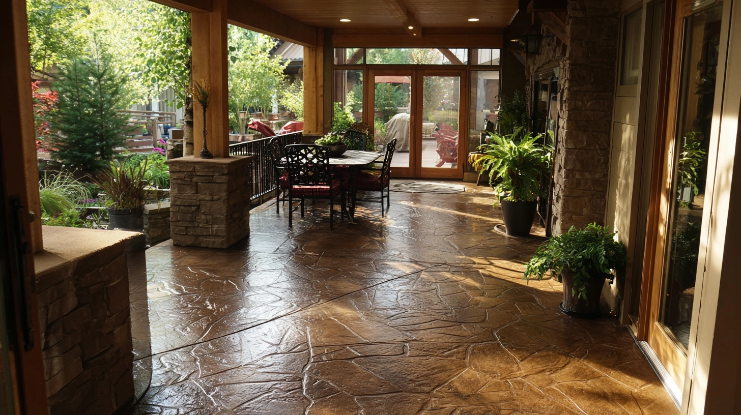 Stamped concrete floor with intricate floral patterns