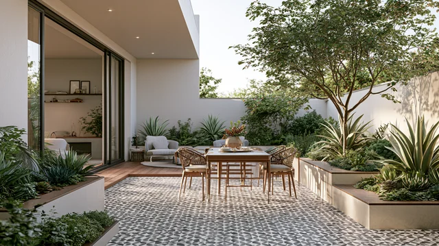 Patterned outdoor tiles with planted edging