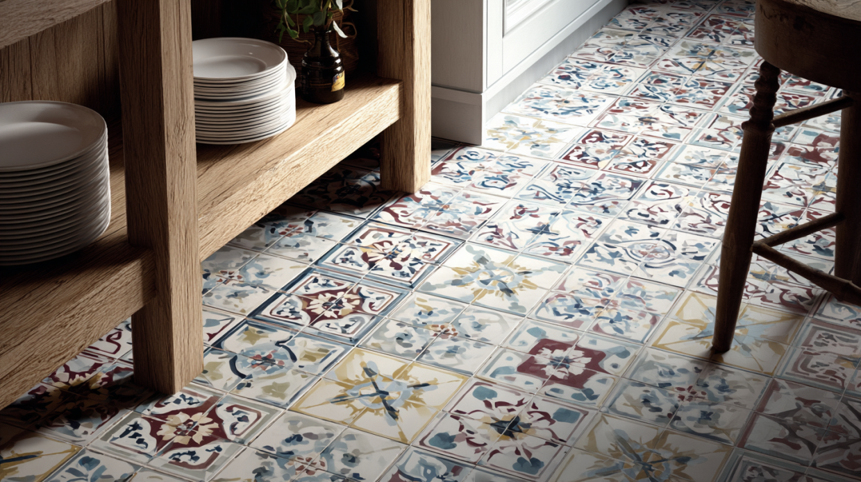 Patterned ceramic tiles in a small size Kitchen Floor Design