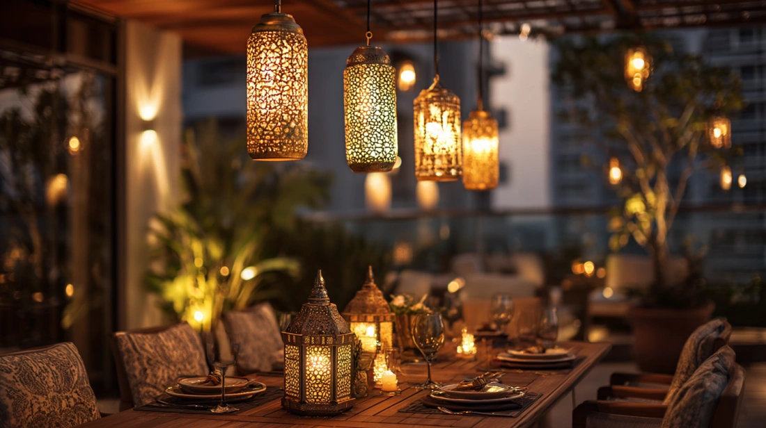 Pendant lights hanging above terrace dining setup