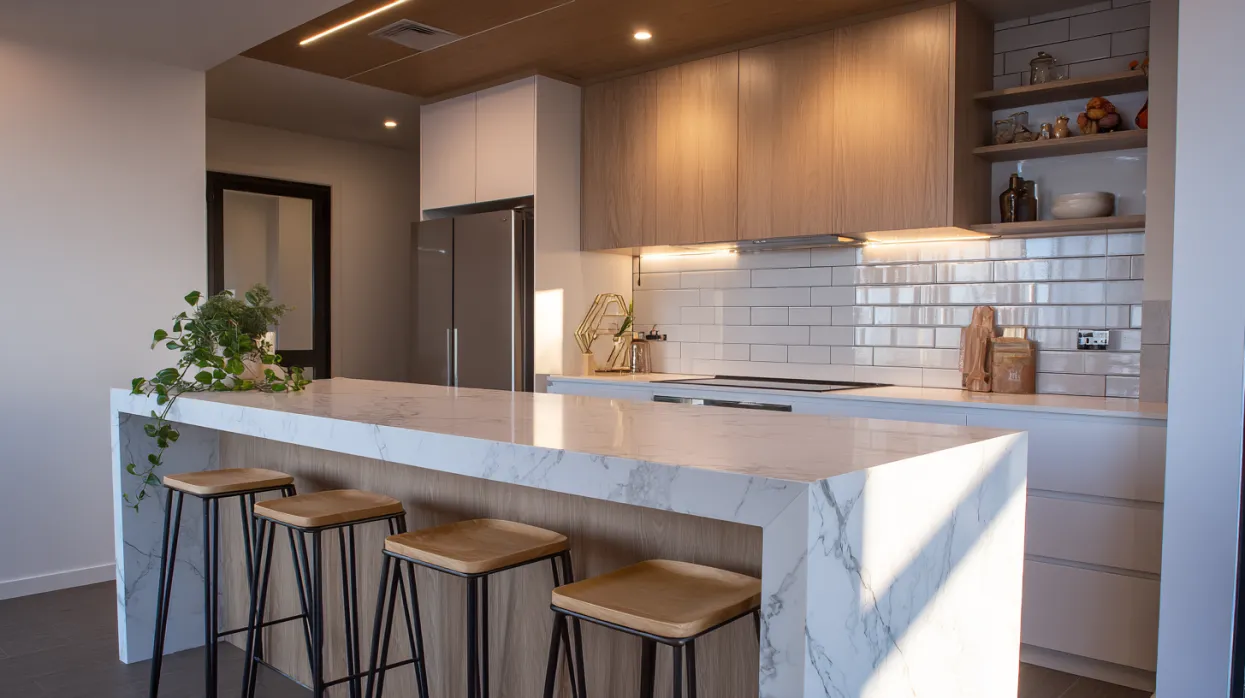 peninsula kitchen design with breakfast bar seating for compact homes