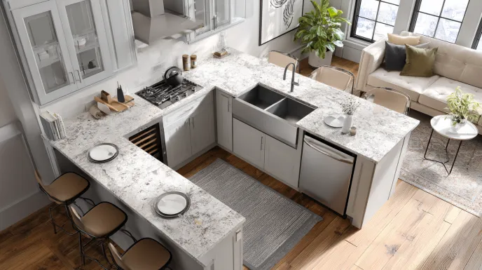 peninsula kitchen design with bar sink