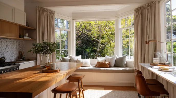 kitchen peninsula design with bay window seating