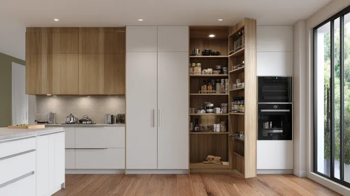 peninsula kitchen design with built-in pantry storage and countertop